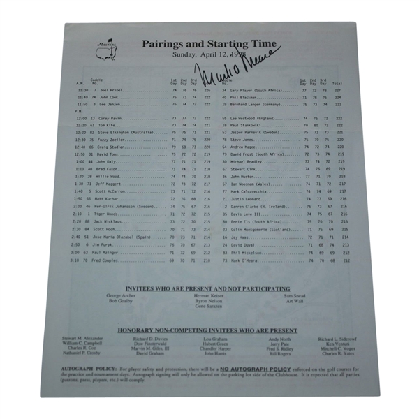 Mark OMeara Signed 1998 Sunday Masters Pairing Sheet JSA COA