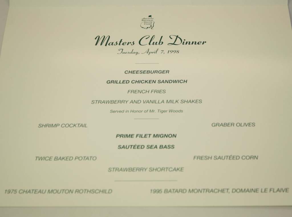 Lot Detail - 1998 Masters Champions Dinner Menu as Chosen by Tiger Woods