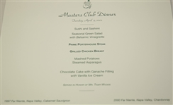 2002 Masters Champions Dinner Menu as Chosen by Tiger Woods