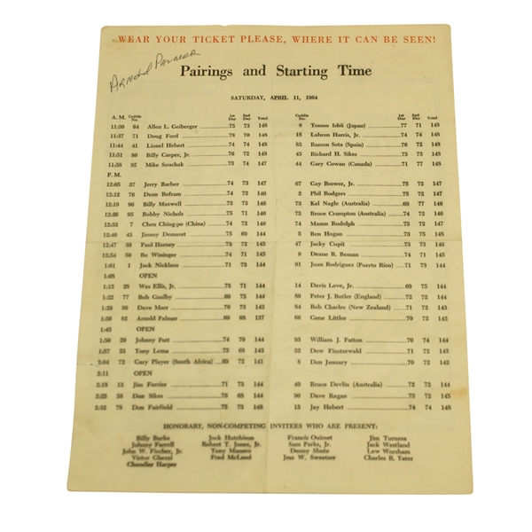 1964 Masters Saturday Pairing Sheet -Arnold Palmers Fourth Win At Augusta