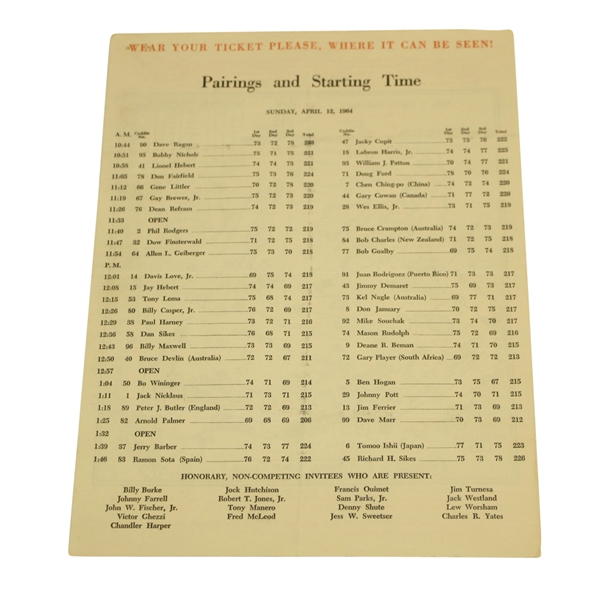 1964 Masters SUNDAY Pairing Sheet - Arnold Palmers Record Setting 4th Win