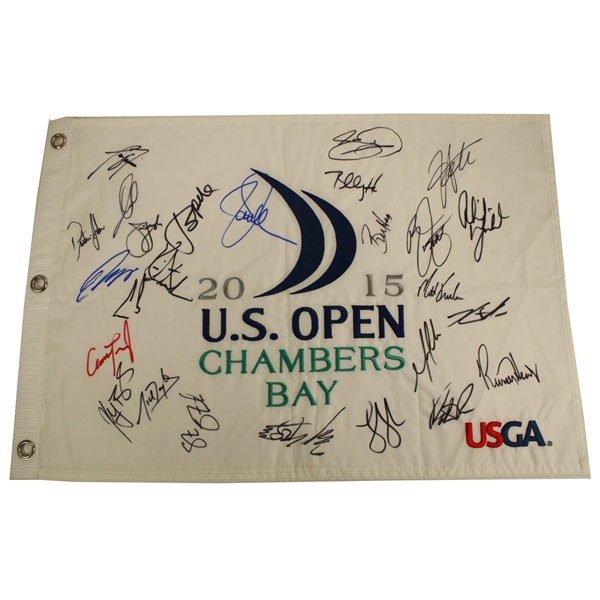 Multi-Signed 2015 US Open Chambers Bay White Embroidered Flag SPIETH, DJ, DAY! - 26 Stars JSA COA