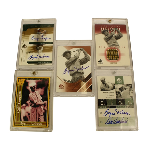 Lot of 3 Byron Nelson Signed Cards, 1 Ken Venturi(shared Card), 1 Casper(shared card), plus 2 Byron Nelson Cards
