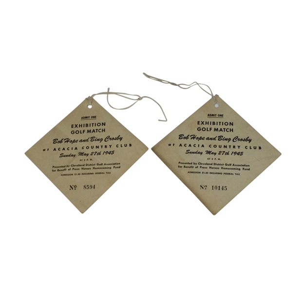 Lot of 2 1945 Bob Hope & Bing Crosby Exhibition Golf Match Tickets - Crosby Signed JSA COA