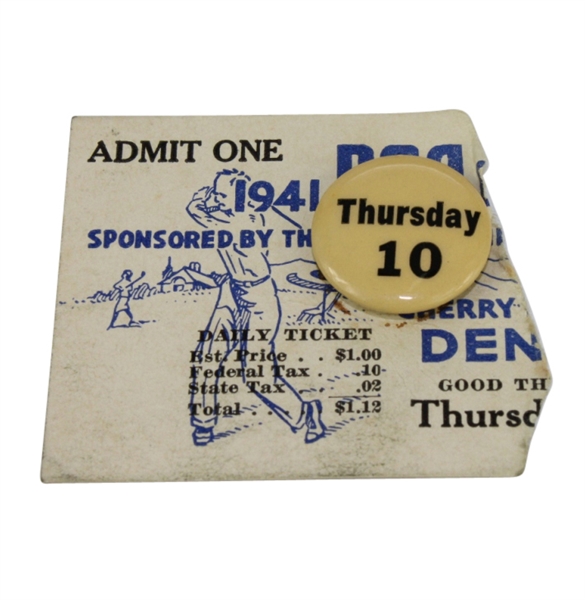 1941 PGA Championship at Cherry Hils CC Thursday Ticket with Pin - Vic Ghezzi Winner