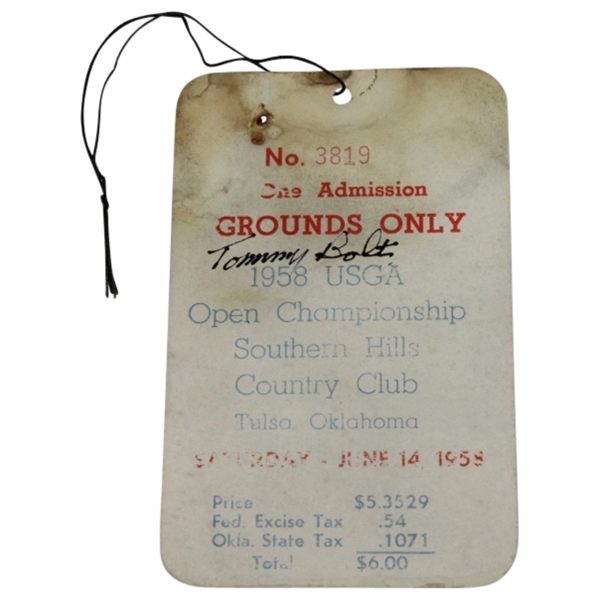 1958 US Open at Southern Hills Saturday Ticket Signed by Tommy Bolt JSA COA