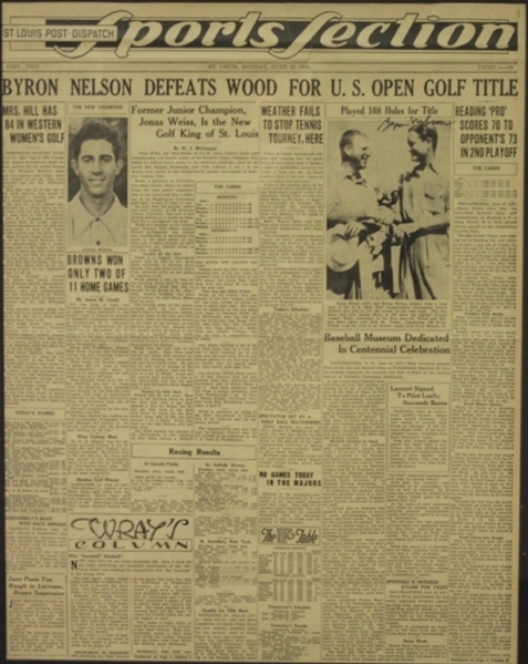 Lot Detail - Byron Nelson Signed 1939 St. Louis Post Dispatch Sports Section US Open Victory