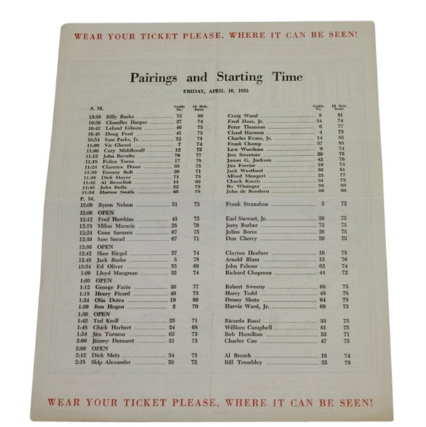 1953 Masters Friday Pairing Sheet - Ben Hogan Winner