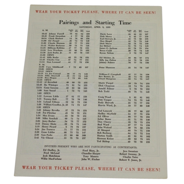1955 Masters Saturday Pairing Sheet - Cary Middlecoff Winner