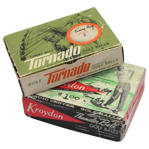 Lot of 14 Signed Tommy Bolt Kroydon and Torpedo Personal Model Golf Balls with Boxes 