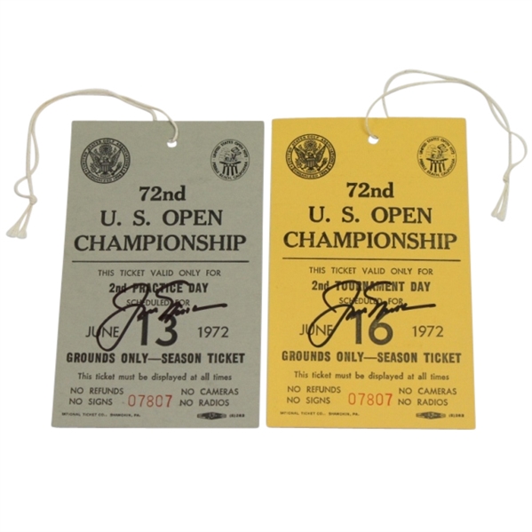 Two Jack Nicklaus Signed 1972 US Open Tickets - Pebble Beach JSA COA