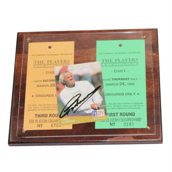 Greg Norman Signed 1991 Pro-Set Golf Card Plus Two 1994 Players Tickets JSA COA