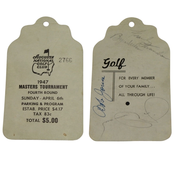 1947 Masters Sunday Ticket Signed by Bobby Jones, Demaret, Nelson, and Stranahan RARE -  JSA COA