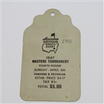 1947 Masters Sunday Ticket Signed by Bobby Jones, Demaret, Nelson, and Stranahan RARE -  JSA COA