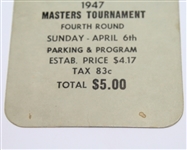 1947 Masters Sunday Ticket Signed by Bobby Jones, Demaret, Nelson, and Stranahan RARE -  JSA COA