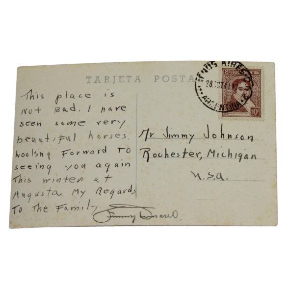 Jimmy Demaret Signed Sent 1941 Buenos Aires Postcard - Augusta Content JSA COA