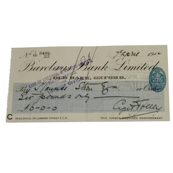 Cyril Tolley(D-1978) Signed 1922 Bank Check-Brit Amateur Champ 1920 & 29- FULL JSA #Y33881
