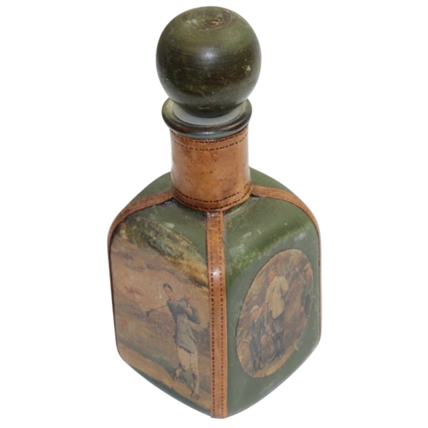 Vintage Green Leather Decanter with Four Sided Golf Depictions