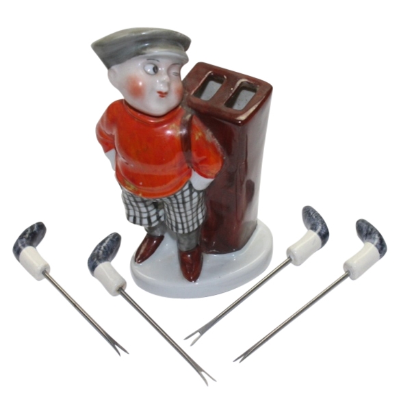 Vintage Ceramic Red Jacket Golfer with Cocktail Stirrer Golf Clubs