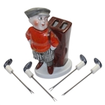 Vintage Ceramic Red Jacket Golfer with Cocktail Stirrer Golf Clubs
