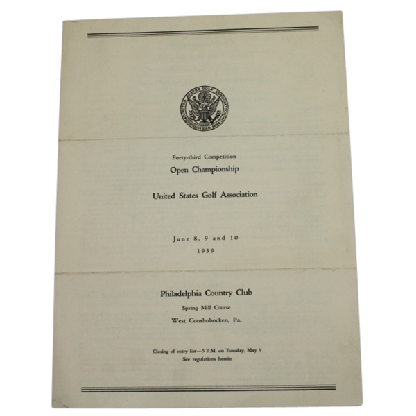 1939 US Open Championship at Philadelphia CC Contestant Entry Form - Blank