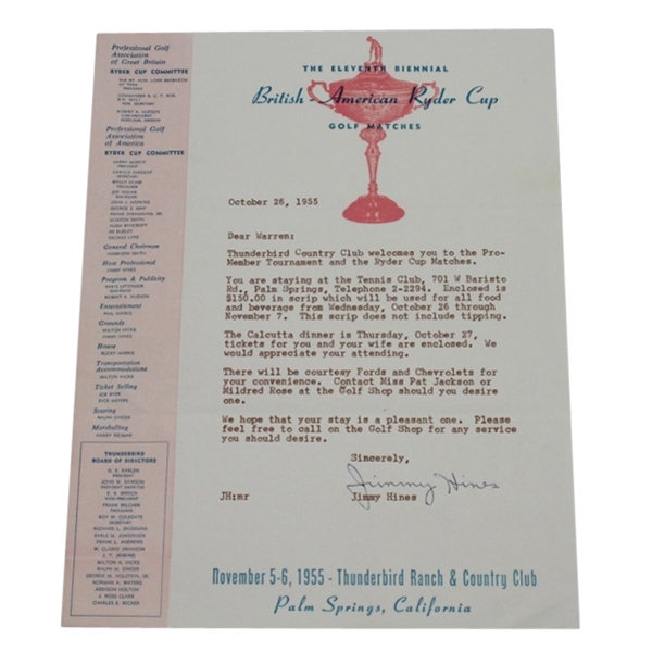 Official 1955 Ryder Cup Letter from Host Pro Jimmy Hines at Thunderbird Ranch CC