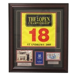 Tiger Woods 2005 British Open Flag, RBS 5lb Note, Photo, Scorecard Display - Framed
