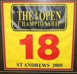 Tiger Woods 2005 British Open Flag, RBS 5lb Note, Photo, Scorecard Display - Framed