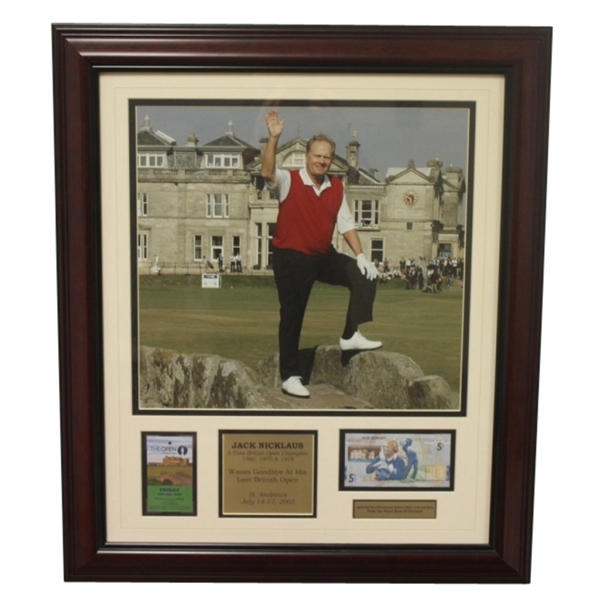 Jack Nicklaus 2005 British Open RBS 5lb Note, Ticket, and Photo Display - Framed
