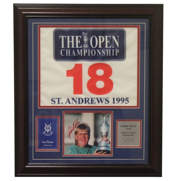 John Daly 1995 British Open Signed Photo with Flag and Scorecard Display - Framed