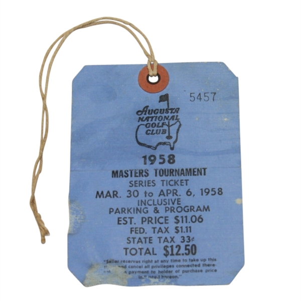 1958 Masters Tournament Series Ticket #5457 - Palmers 1st Masters Victory