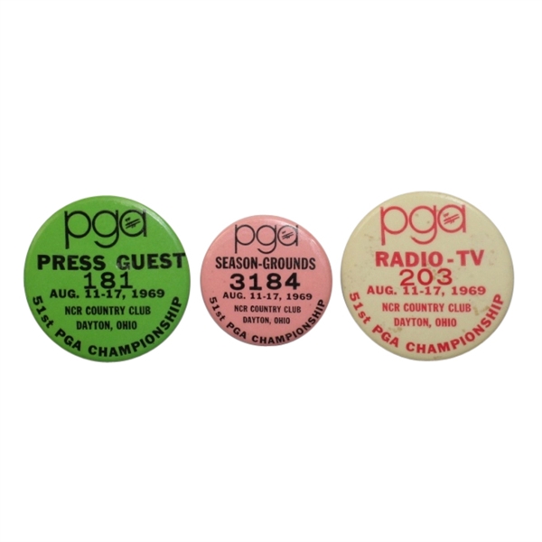 Lot of Three 1969 PGA Championship Badges - Press Guest, Grounds, and Radio-TV