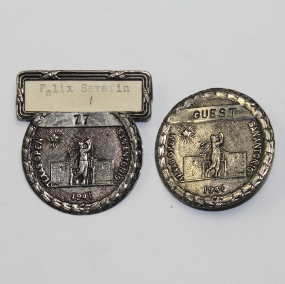 Felix Serafins 1941 Texas Open Contestant Badge #77 with Guest Badge