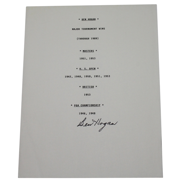 Ben Hogan Signed Career Accomplishments Page JSA COA