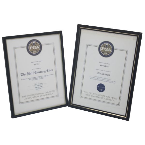  Jack Flecks Framed 1994 PGA Lifetime Member & 1997 PGA Half Century Club Awards