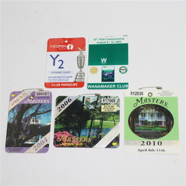 Phil Mickelsons Five Major Victory Badges & Tickets - 3 Masters, 1 PGA, 1 Open
