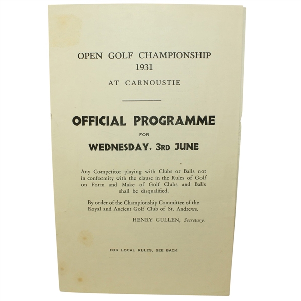 1931 Open Championship Official Draw Sheet Program - First At Carnoustie - Tommy Armour Winner