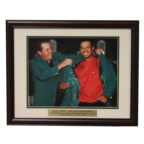 Tiger Woods Receives 4th Masters Green Jacket from Phil Photo - Framed