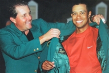 Tiger Woods Receives 4th Masters Green Jacket from Phil Photo - Framed