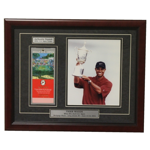 Tiger Woods 2002 US Open at Bethpage Black Photo with Ticket - Framed