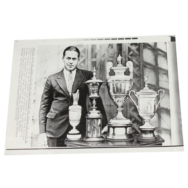 1970 AP Wire Photo with Bobby Jones Commemorating Grand Slam Trophies