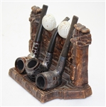  Ornate Carved Wooden Golf Mount with Three  Pipes & Sterling Notation On Golf Pipes