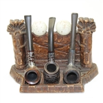  Ornate Carved Wooden Golf Mount with Three  Pipes & Sterling Notation On Golf Pipes