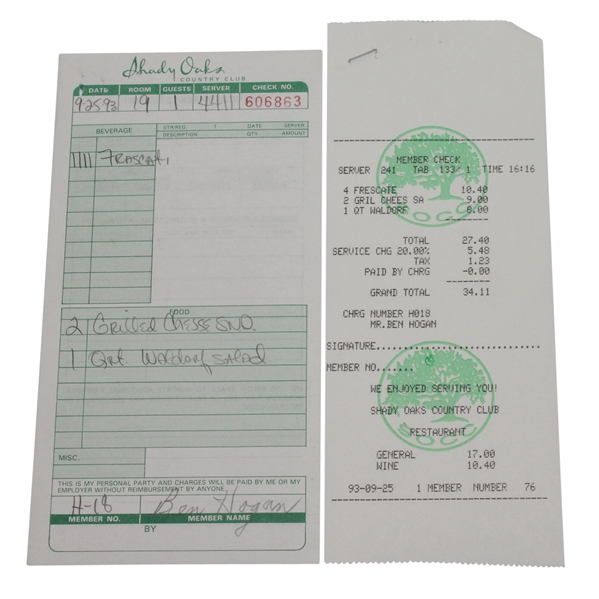 Ben Hogan Signed Shady Oaks C.C. Restaurant Check Receipt PSA/DNA #W08987