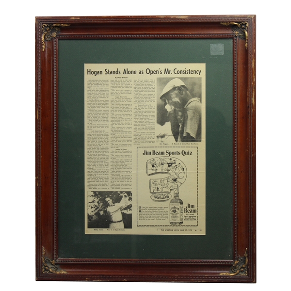 Ben Hogan Signed Newspaper Article Hogan Stands Alone - Framed JSA ALOA