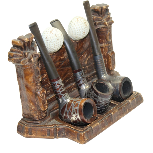 Ornate Carved Wooden Golf Mount with Three  Pipes & Sterling Notation On Golf Pipes