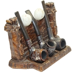  Ornate Carved Wooden Golf Mount with Three  Pipes & Sterling Notation On Golf Pipes