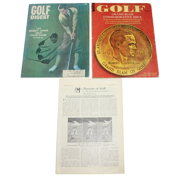 Lot of Three Bobby Jones Periodicals - 1969 Golf Digest, 1965 Golf, & 1933 Theories on Golf