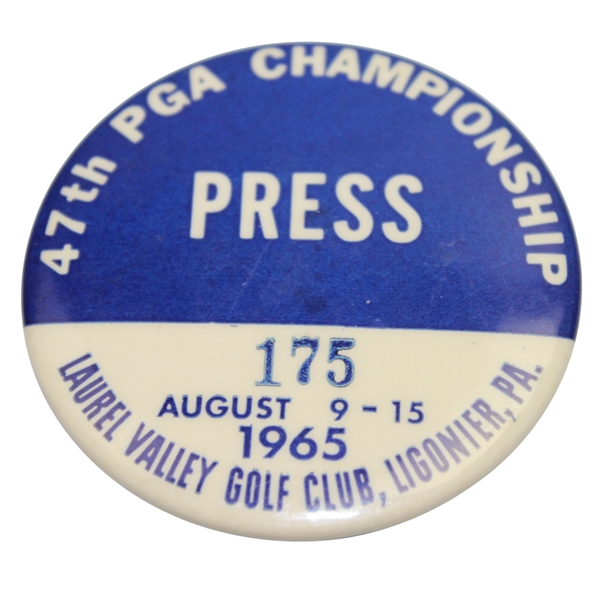 1965 PGA Championship at Laurel Valley CC Press Pin - Dave Marr Winner