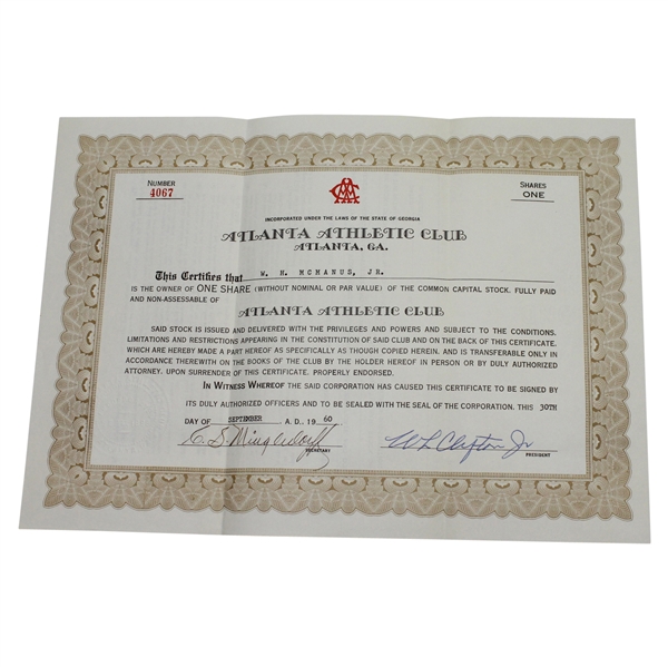 1960 Atlanta Athletic Club Member Stock Certificate #4067